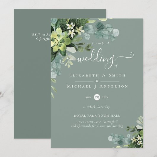 Eukalyptus Wedding Watercolor Grüne Einladungen (Vorne/Hinten)