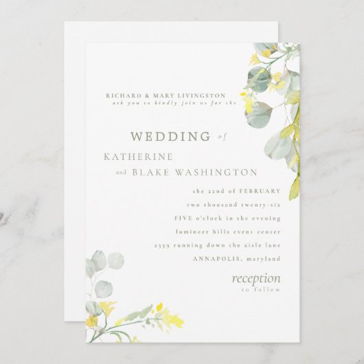 Eukalyptus Wedding Yellow Wildblume & Sage Einladung (Vorne/Hinten)