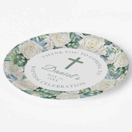 Eukalyptus Weiße Blume Taufe Pappteller (Schrägansicht)