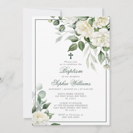 Eukalyptus Weiße Blume Taufen Einladung (Vorderseite)