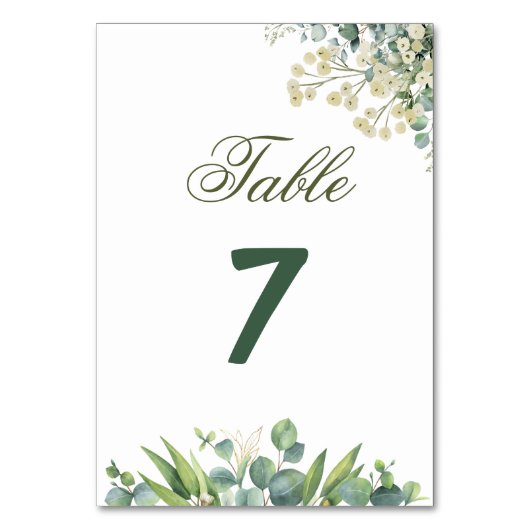 Eukalyptus & Weiße Blumen Botanische Hochzeit Tischnummer (Vorderseite)