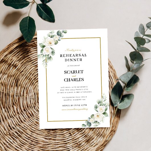 Eukalyptus Weiße Rose Florale Probe Dinner Einladung
