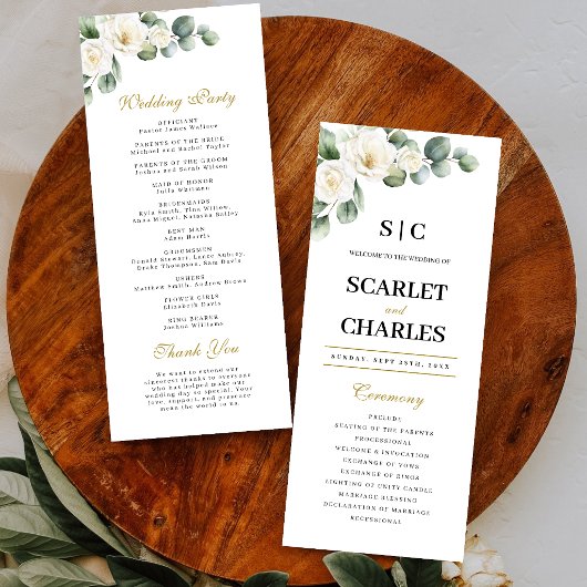 Eukalyptus Weiße Rose Grünzeug Florale Hochzeit Programm