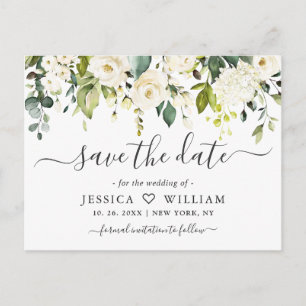 Eukalyptus Weiße Rosen Hochzeit Save the Date Postkarte