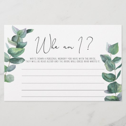 Eukalyptus - Wer bin ich Brautparty Briefpapier (Vorderseite)