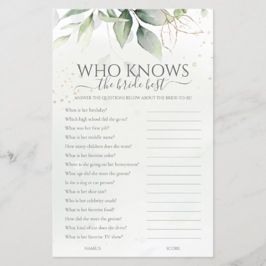 Eukalyptus Wer Bride Best Brautparty Game kennt (Vorderseite)