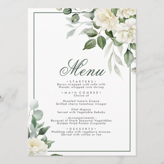 Eukalyptus White Blume Wedding Menu 12x18 Menükarte (Vorderseite)