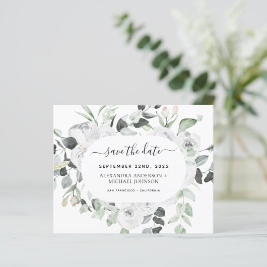 Eukalyptus White Floral Save the Date (Stehend Vorderseite)
