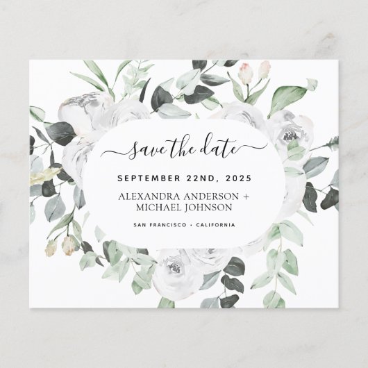 Eukalyptus White Floral Save the Date (Vorderseite)