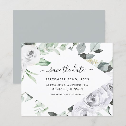 Eukalyptus White Floral Save the Date (Vorne/Hinten)