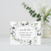 Eukalyptus White Floral Save the Date Postkarte (Stehend Vorderseite)