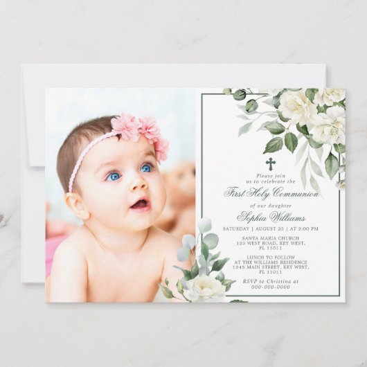 Eukalyptus White Foto Girl Einladung (Vorderseite)