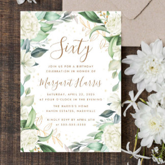 Eukalyptus White Gold Floral 60. 60. Geburtstag Einladung