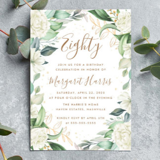 Eukalyptus White Gold Floral 80. Achtzig Geburtsta Einladung