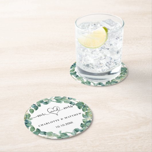 Eukalyptus white mr mrs heart script runder pappuntersetzer (Vor Ort)