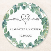 Eukalyptus white mr mrs heart script runder pappuntersetzer (Vorderseite)