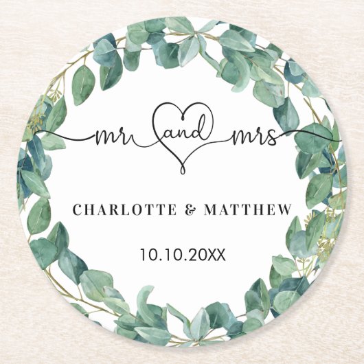 Eukalyptus white mr mrs heart script runder pappuntersetzer (Vorderseite)