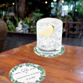 Eukalyptus white mr mrs heart script runder pappuntersetzer