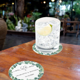 Eukalyptus white mr mrs heart script runder pappuntersetzer