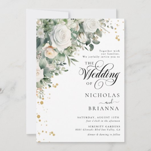 Eukalyptus White Rose Elegante Grüne Hochzeit Einladung (Vorderseite)