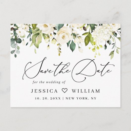 Eukalyptus White Roses Boho Wedding Save the Date Postkarte (Vorderseite)