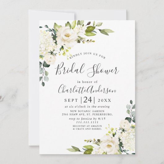 Eukalyptus White Roses Brautparty Einladung (Vorderseite)