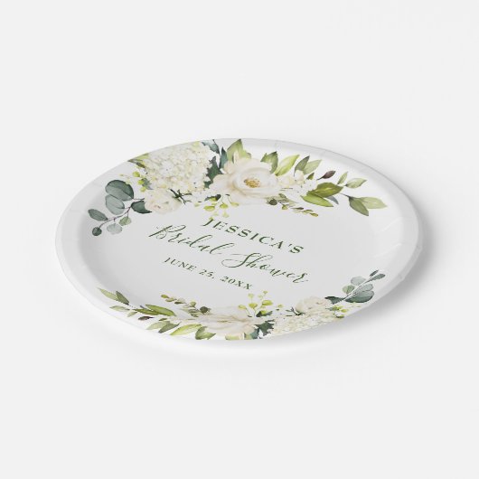 Eukalyptus White Roses Brautparty Pappteller (Schrägansicht)