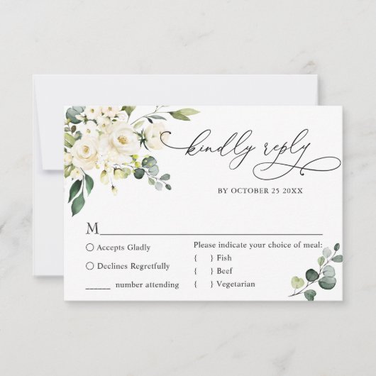 Eukalyptus White Roses Floral Wedding RSVP Karte (Vorderseite)
