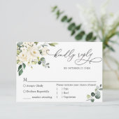 Eukalyptus White Roses Floral Wedding RSVP Karte (Stehend Vorderseite)