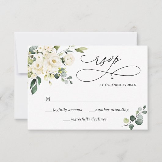 Eukalyptus White Roses Floral Wedding RSVP Karte (Vorderseite)