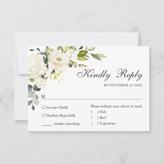 Eukalyptus White Roses Floral Wedding RSVP Karte (Vorderseite)