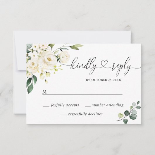 Eukalyptus White Roses Floral Wedding RSVP Karte (Vorderseite)