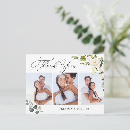 Eukalyptus White Roses Wedding 3 Foto Vielen Dank Postkarte (Stehend Vorderseite)