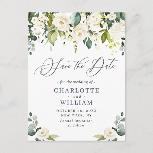 Eukalyptus White Roses Wedding Save the Date Postkarte (Vorderseite)