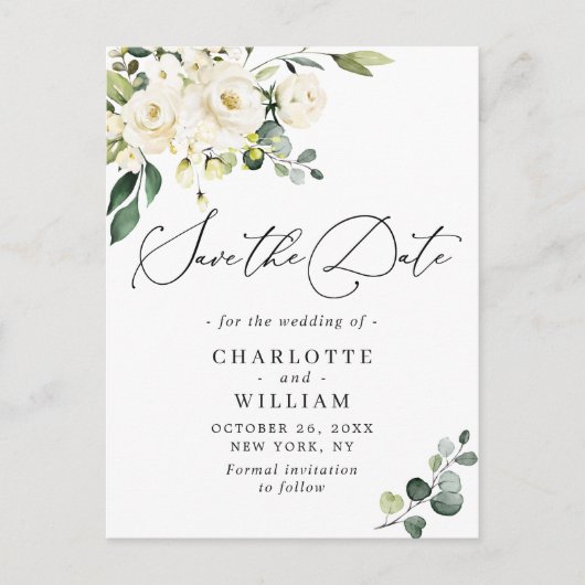 Eukalyptus White Roses Wedding Save the Date Postkarte (Vorderseite)