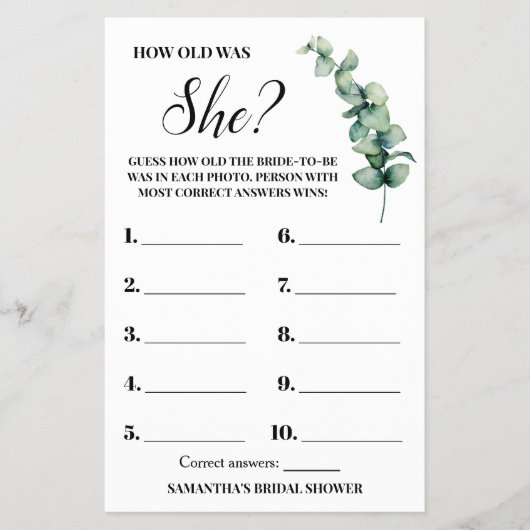 Eukalyptus Wie alt war She Brautparty Game Card Flyer (Vorne)