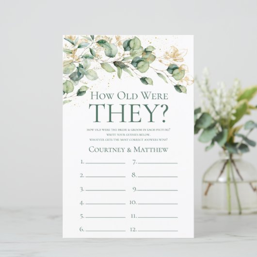 Eukalyptus Wie alt waren sie Brautparty-Spiel (Stehend Vorderseite)