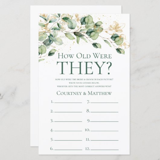 Eukalyptus Wie alt waren sie Brautparty-Spiel (Vorne/Hinten)