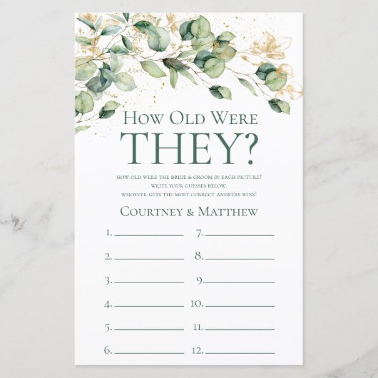 Eukalyptus Wie alt waren sie Brautparty-Spiel (Vorderseite)