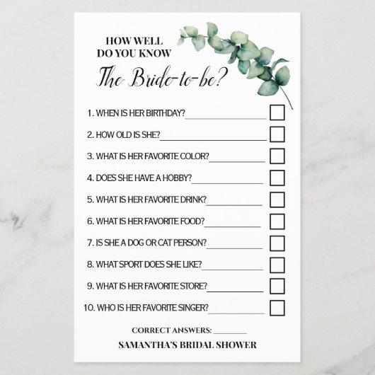 Eukalyptus Wie gut kennen Sie die Bride-Game-Karte Flyer (Vorne)