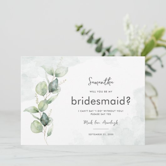 Eukalyptus wird meine Bridesmaid-Angebotskarte sei Einladung (Stehend Vorderseite)