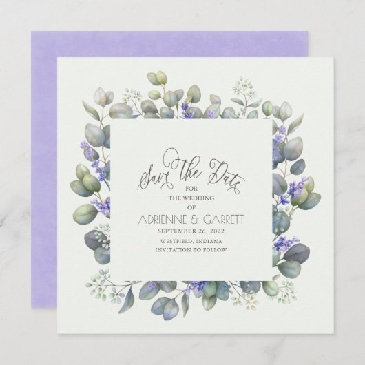 Eukalyptus with Lavender Blume Square Wedding Save The Date (Vorne/Hinten)