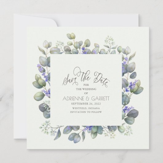 Eukalyptus with Lavender Blume Square Wedding Save The Date (Vorderseite)