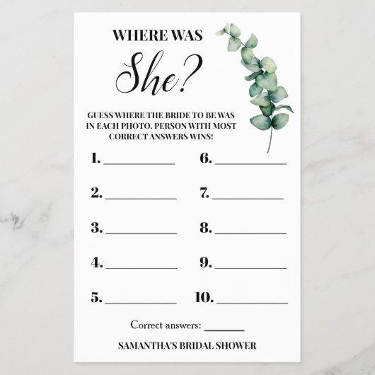 Eukalyptus Wo war ihr Brautparty-Spielkarte Flyer (Vorne)