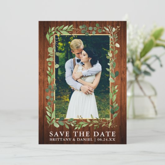 Eukalyptus Wood-Gold-Save the Date-Karte Save The Date (Stehend Vorderseite)