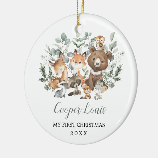 Eukalyptus Woodland Animals Baby 1. Weihnachten Keramik Ornament (Links)