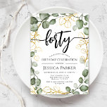 Eukalyptus Wreath 40. Geburtstags-Party Einladung<br><div class="desc">40. Geburtstagsfeier Party Einladung. Elegantes florales botanisches Design in grün weiß und Imitat Glitzer Gold. Modernes Design mit handgemalten Aquarellen,  Eukalyptuskranz und Skript-Schriftart. Ideal für ein stilvolles 40-tägiges Fest. Personalisieren Sie Ihre persönlichen Daten. Kann für jedes Alter angepasst werden! Gedruckte Zazzle Einladungen oder Sofortdownload digitalen druckbaren Vorlage.</div>