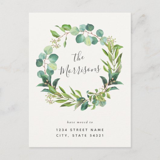 Eukalyptus Wreath Calligrafy Change of Address Postkarte (Vorderseite)