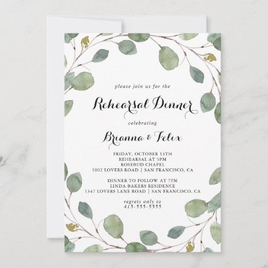 Eukalyptus Wreath Calligraphy Probe Dinner Einladung (Vorderseite)