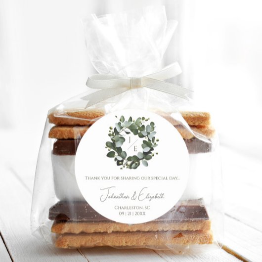 Eukalyptus-Wreath-Gefälligkeit für moderne Monogra Runder Aufkleber